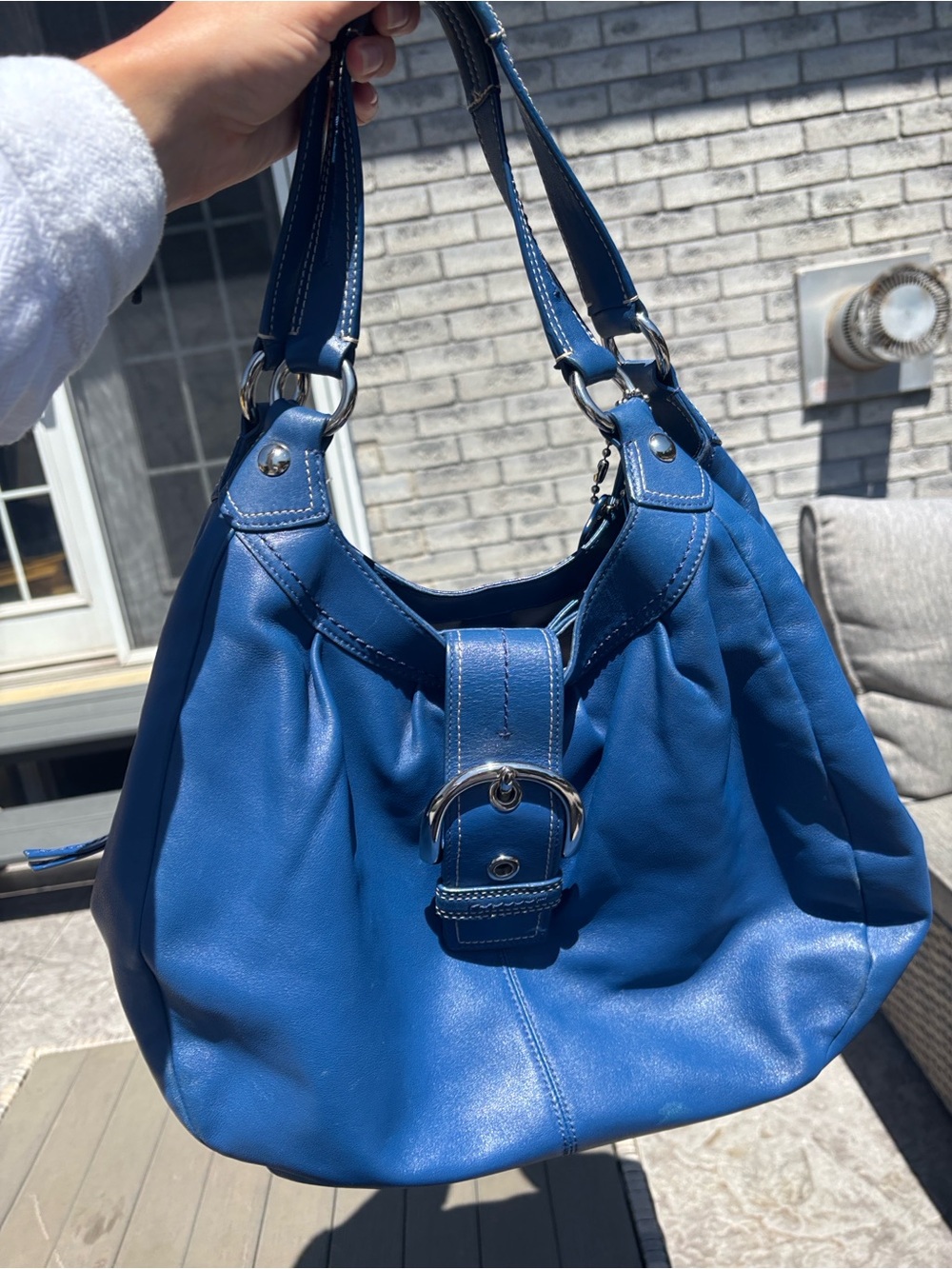 Coach Blue Leather Shoulder Bag with Silver Buckle